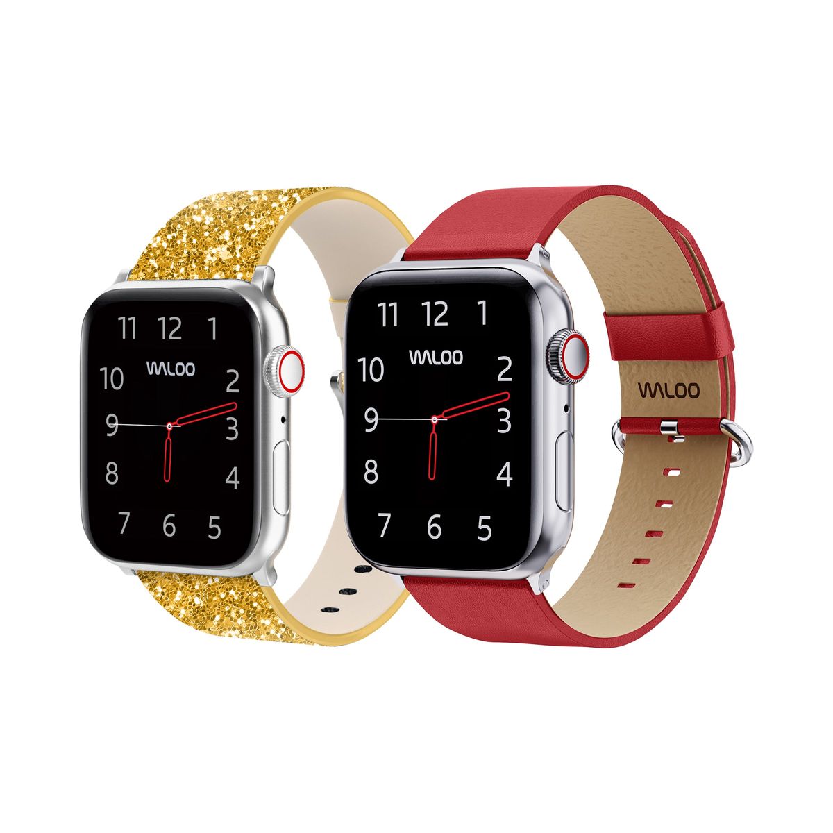 Waloo&reg; Bling & Leather Grain Bands for Apple Watch (2-Pack) - 42/44/45/49mm / Gold Bling + Red Grain