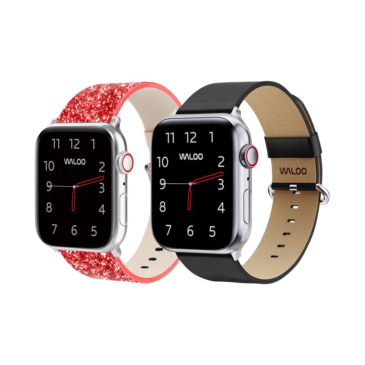 Waloo&reg; Bling & Leather Grain Bands for Apple Watch (2-Pack) - 42/44/45/49mm / Red Bling + Black Grain