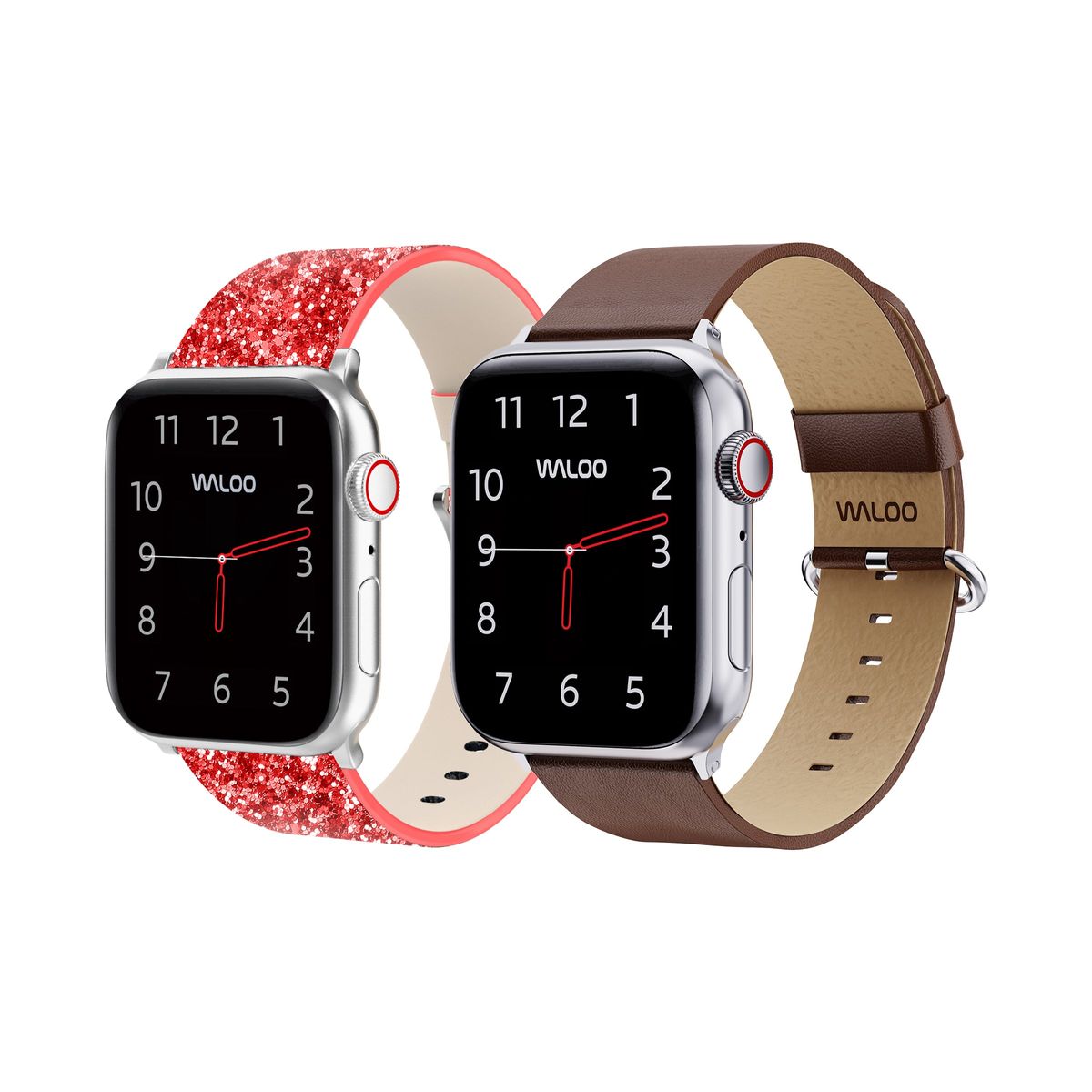 Waloo&reg; Bling & Leather Grain Bands for Apple Watch (2-Pack) - 42/44/45/49mm / Red Bling + Brown Grain