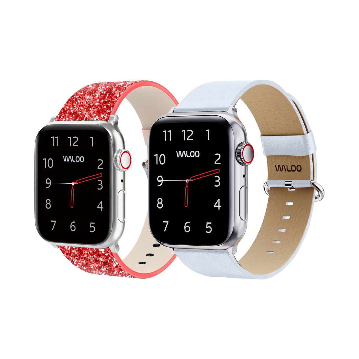 Waloo&reg; Bling & Leather Grain Bands for Apple Watch (2-Pack) - 42/44/45/49mm / Red Bling + White Grain