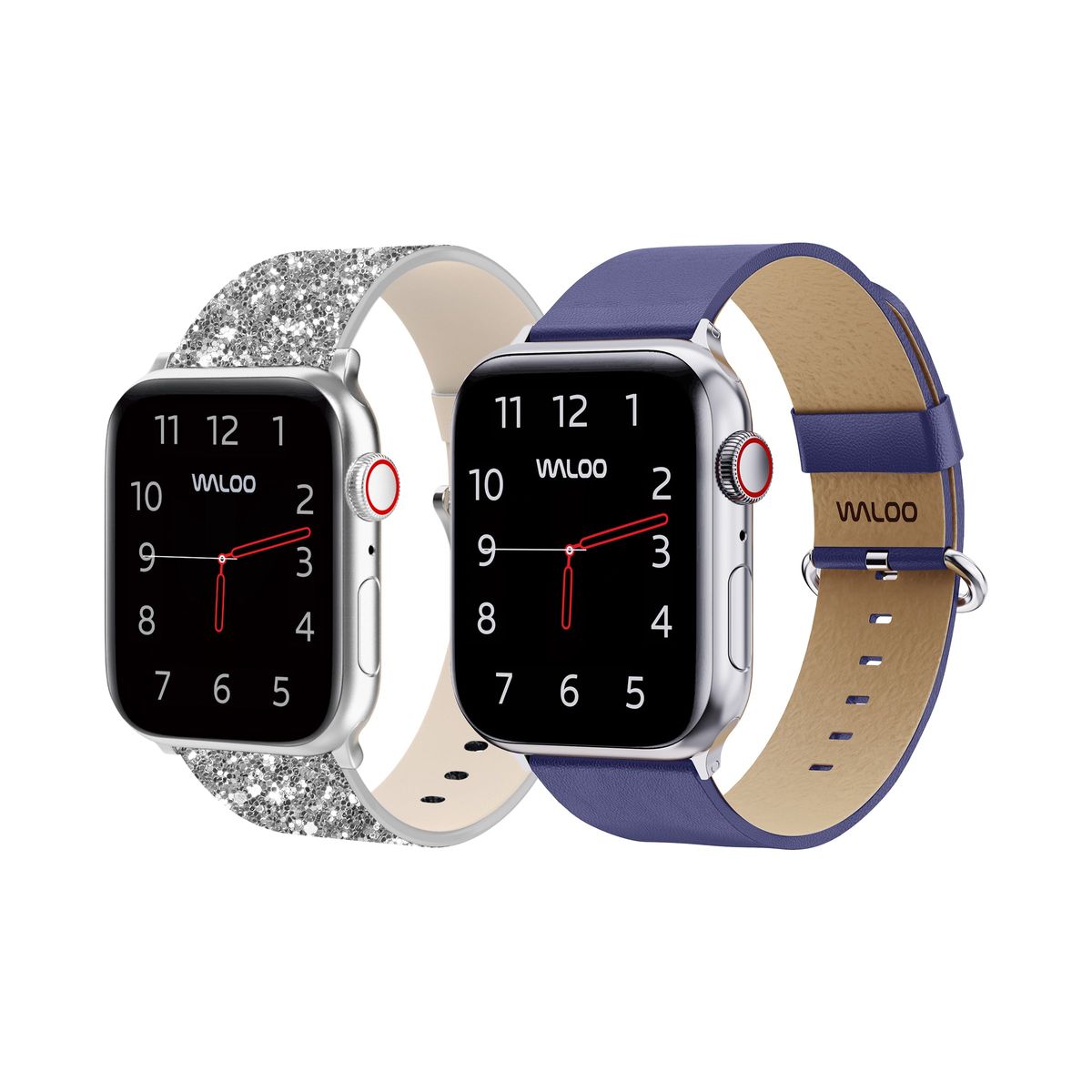 Waloo® Bling & Leather Grain Bands for Apple Watch (2-Pack) - 42/44/45/49mm / Silver Bling + Navy Gra