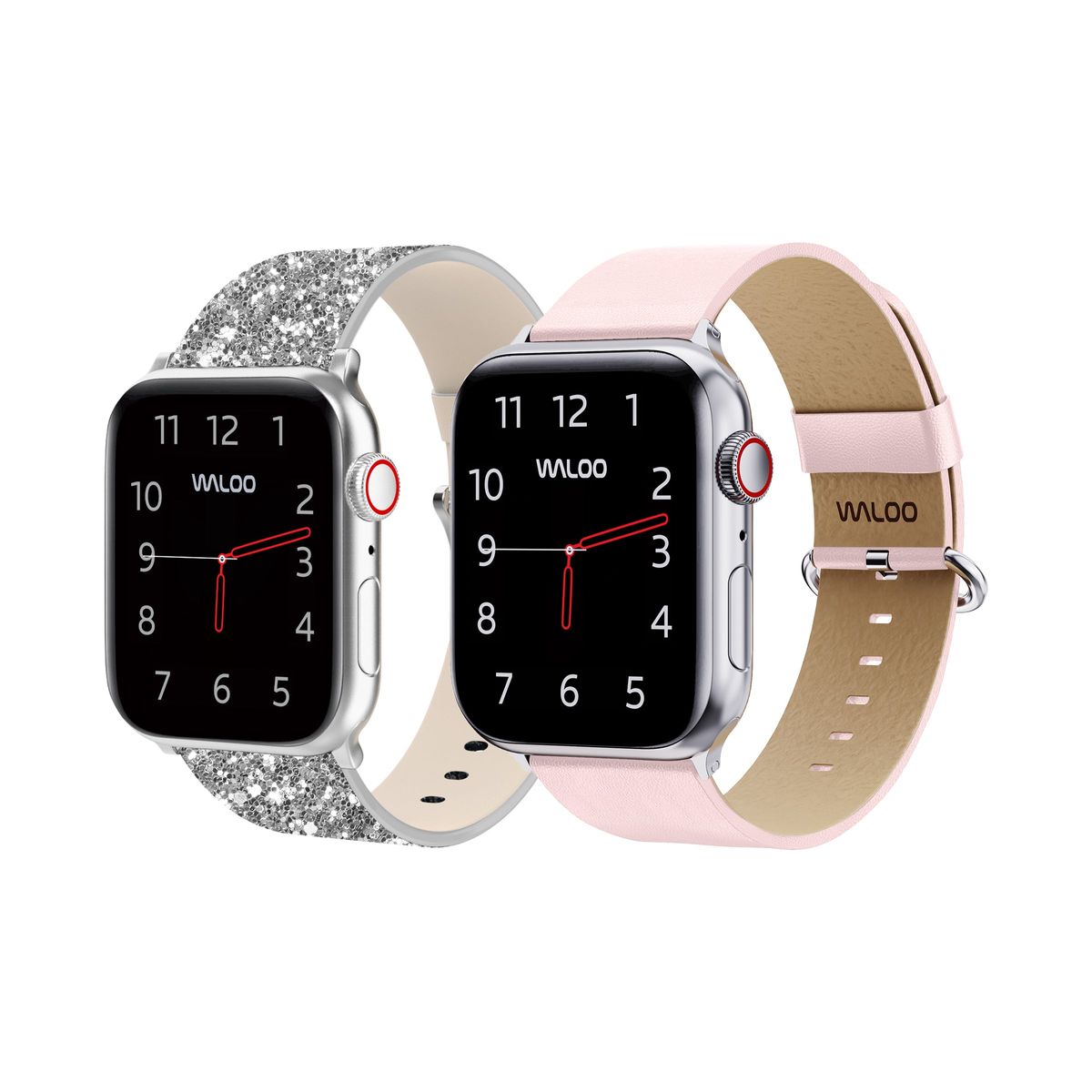 Waloo® Bling & Leather Grain Bands for Apple Watch (2-Pack) - 42/44/45/49mm / Silver Bling + PinkGrain