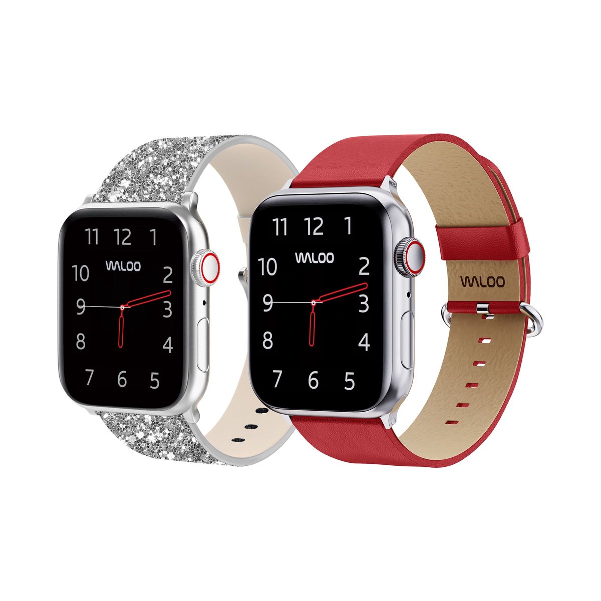 Waloo® Bling & Leather Grain Bands for Apple Watch (2-Pack) - 42/44/45/49mm / Silver Bling + Red Grain