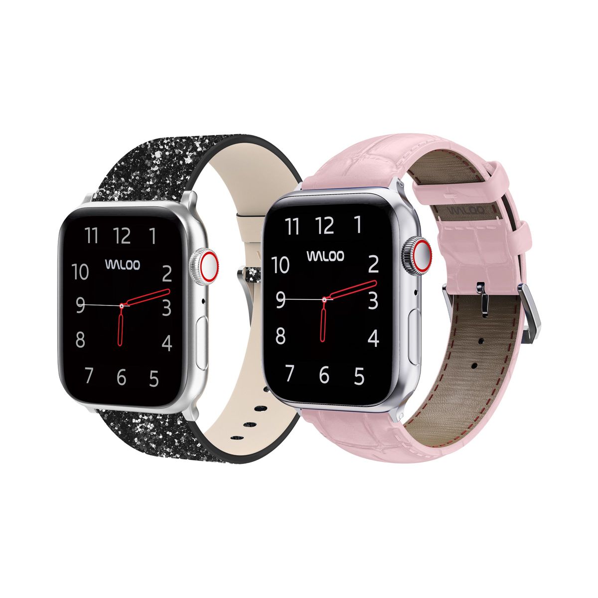 Waloo® Bling & Crocodile Leather Bands for Apple Watch (2-Pack) - 38/40/41mm / Black Bling + Pink Crocodile