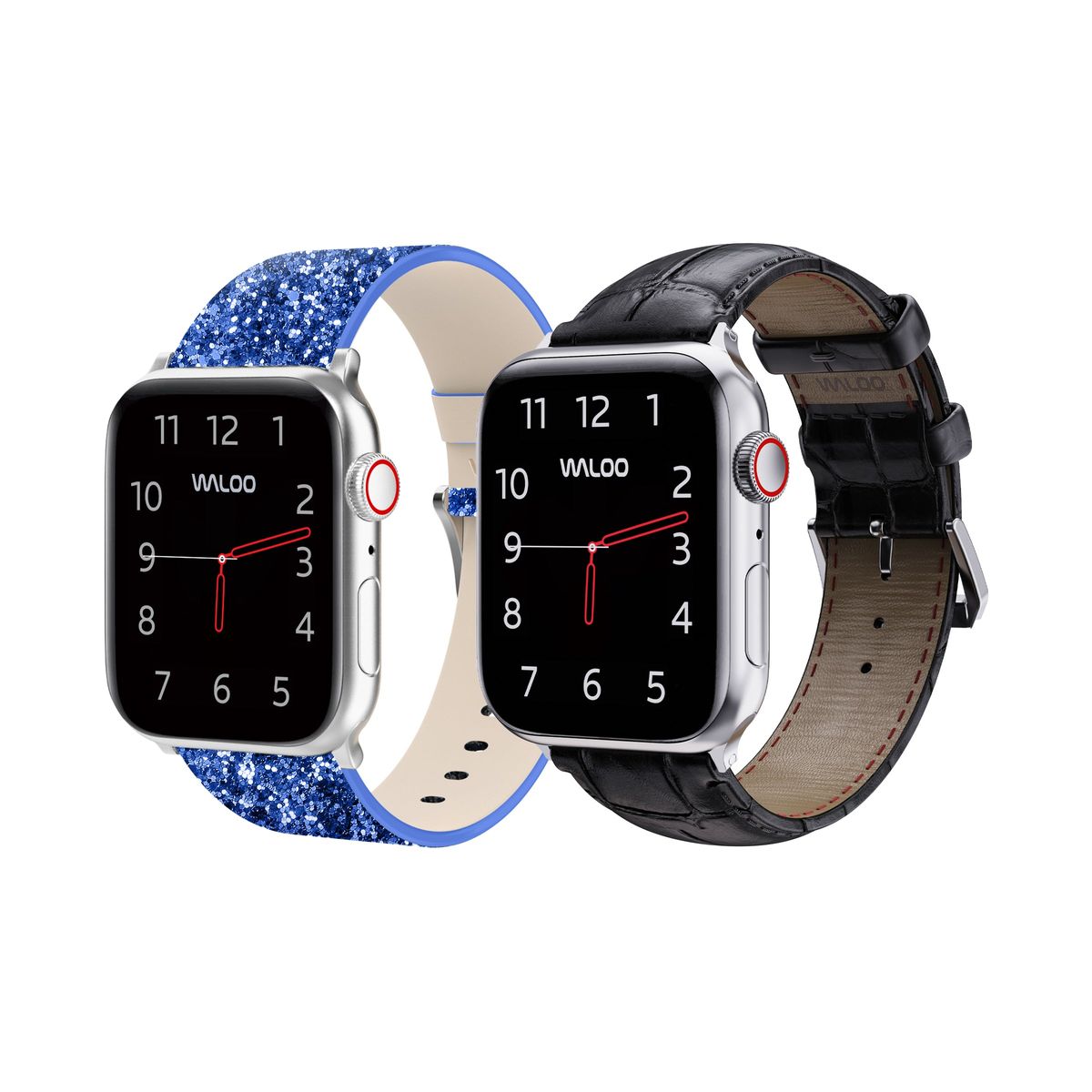 Waloo® Bling & Crocodile Leather Bands for Apple Watch (2-Pack) - 38/40/41mm / Blue Bling + Black Crocodile