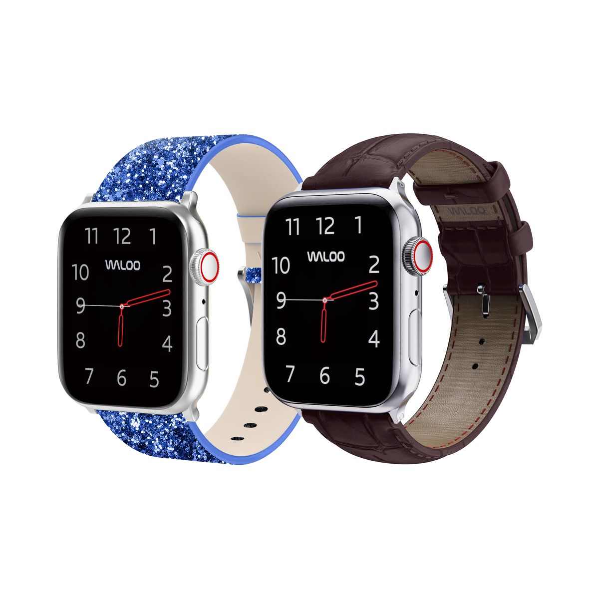 Waloo&reg; Bling & Crocodile Leather Bands for Apple Watch (2-Pack) - 42/44/45/49mm / Blue Bling + Brown Crocodile
