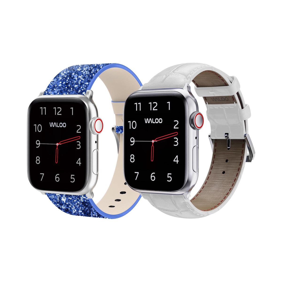 Waloo® Bling & Crocodile Leather Bands for Apple Watch (2-Pack) - 42/44/45/49mm / Blue Bling + White Crocodile