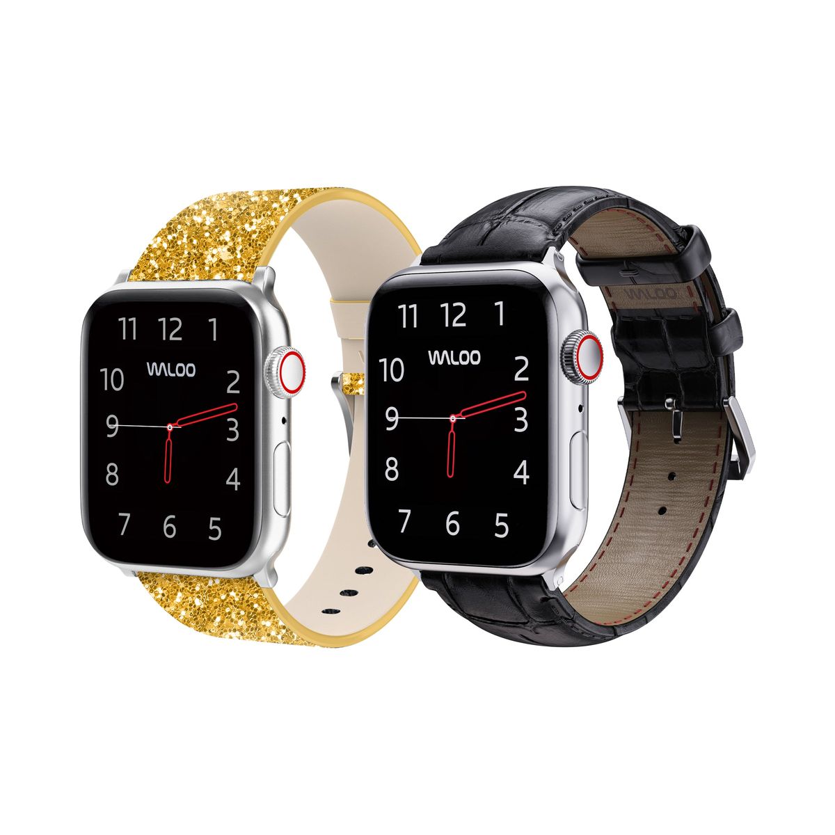 Waloo® Bling & Crocodile Leather Bands for Apple Watch (2-Pack) - 42/44/45/49mm / Gold Bling + Black Crocodile