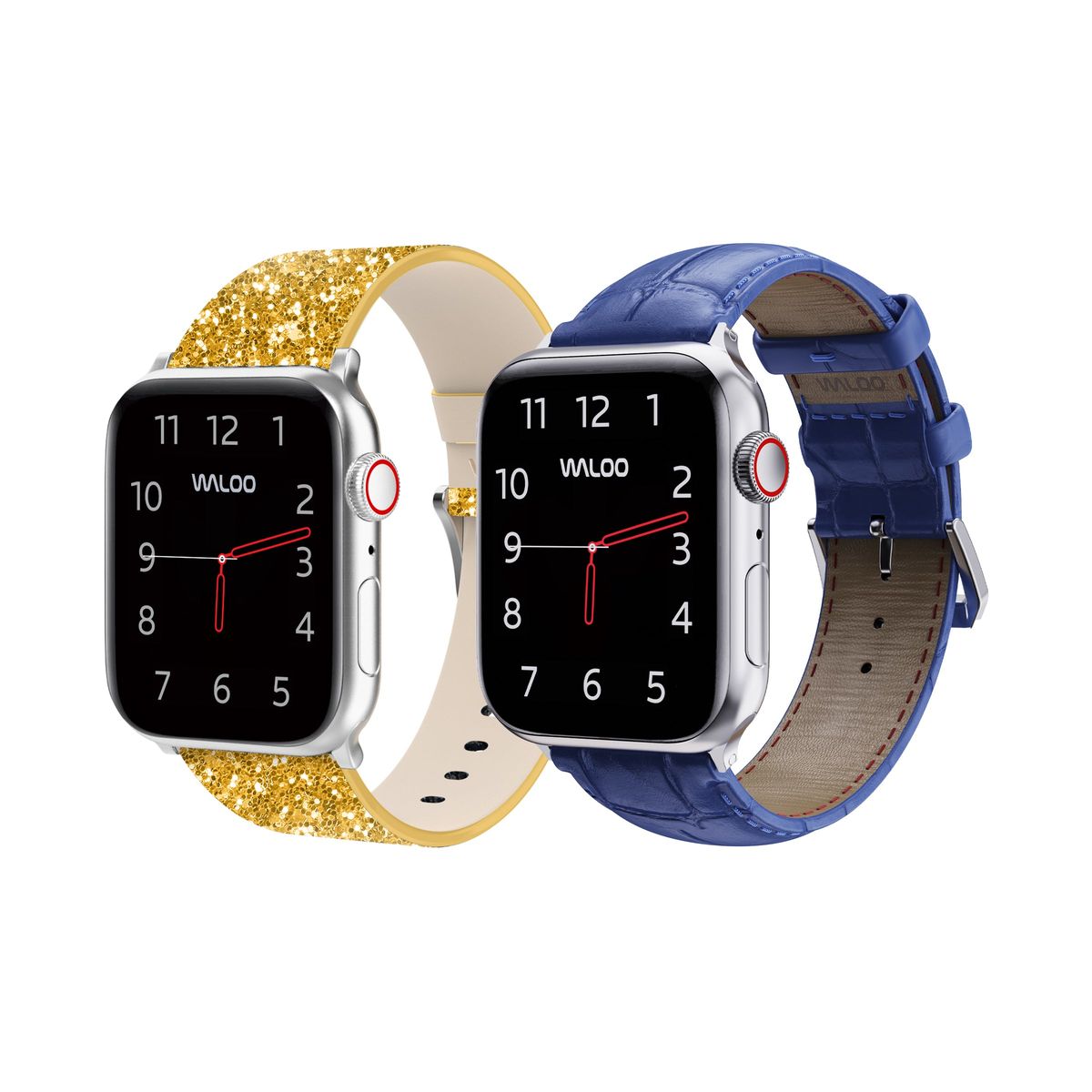 Waloo&reg; Bling & Crocodile Leather Bands for Apple Watch (2-Pack) - 42/44/45/49mm / Gold Bling + Navy Crocodile