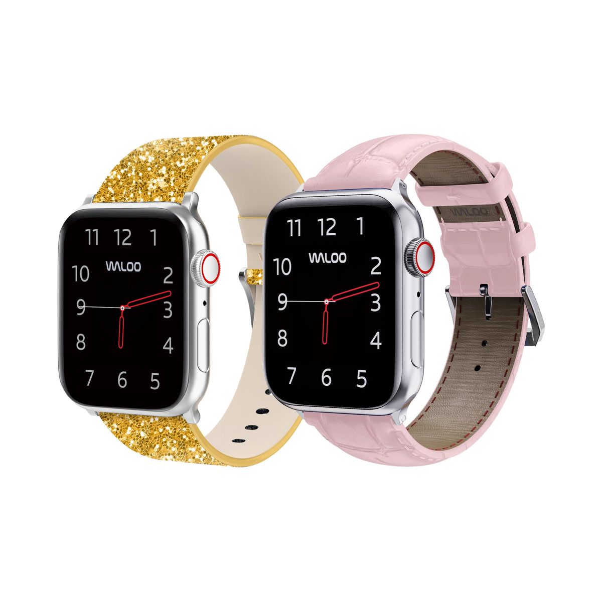 Waloo® Bling & Crocodile Leather Bands for Apple Watch (2-Pack) - 38/40/41mm / Gold Bling + Pink Crocodile