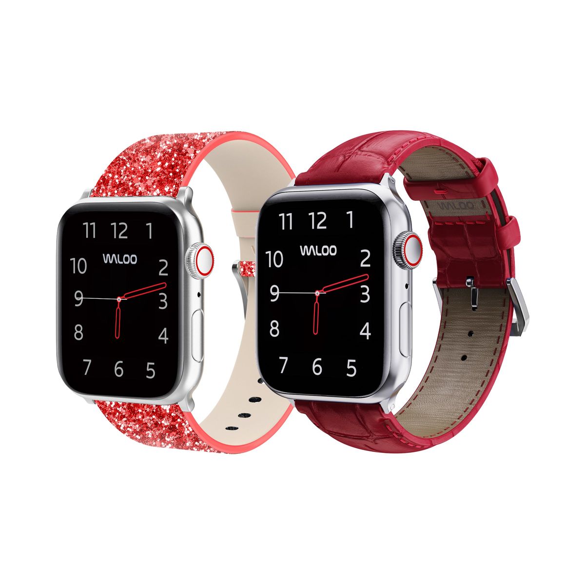 Waloo&reg; Bling & Crocodile Leather Bands for Apple Watch (2-Pack) - 42/44/45/49mm / Red Bling + Red Crocodile