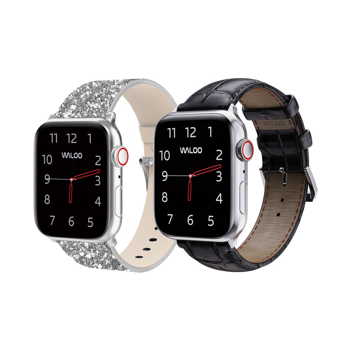 Waloo® Bling & Crocodile Leather Bands for Apple Watch (2-Pack) - 42/44/45/49mm / Silver Bling + Black Crocodile