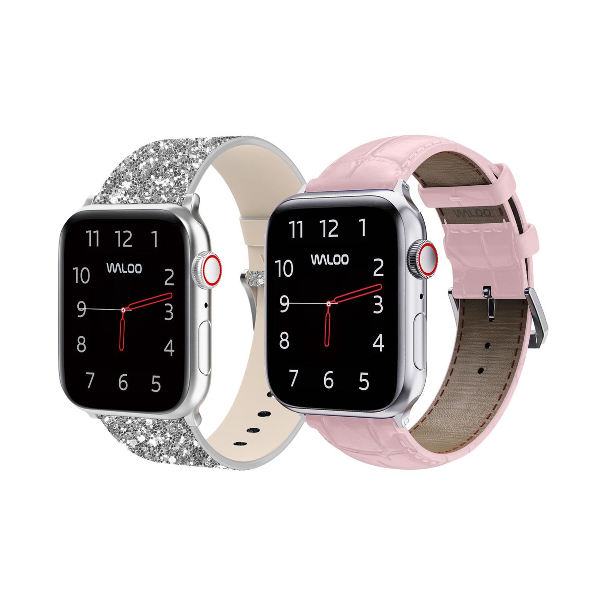 Waloo&reg; Bling & Crocodile Leather Bands for Apple Watch (2-Pack) - 42/44/45/49mm / Silver Bling + Pink Crocodile