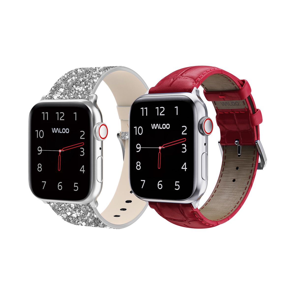Waloo® Bling & Crocodile Leather Bands for Apple Watch (2-Pack) - 42/44/45/49mm / Silver Bling + Red Crocodile