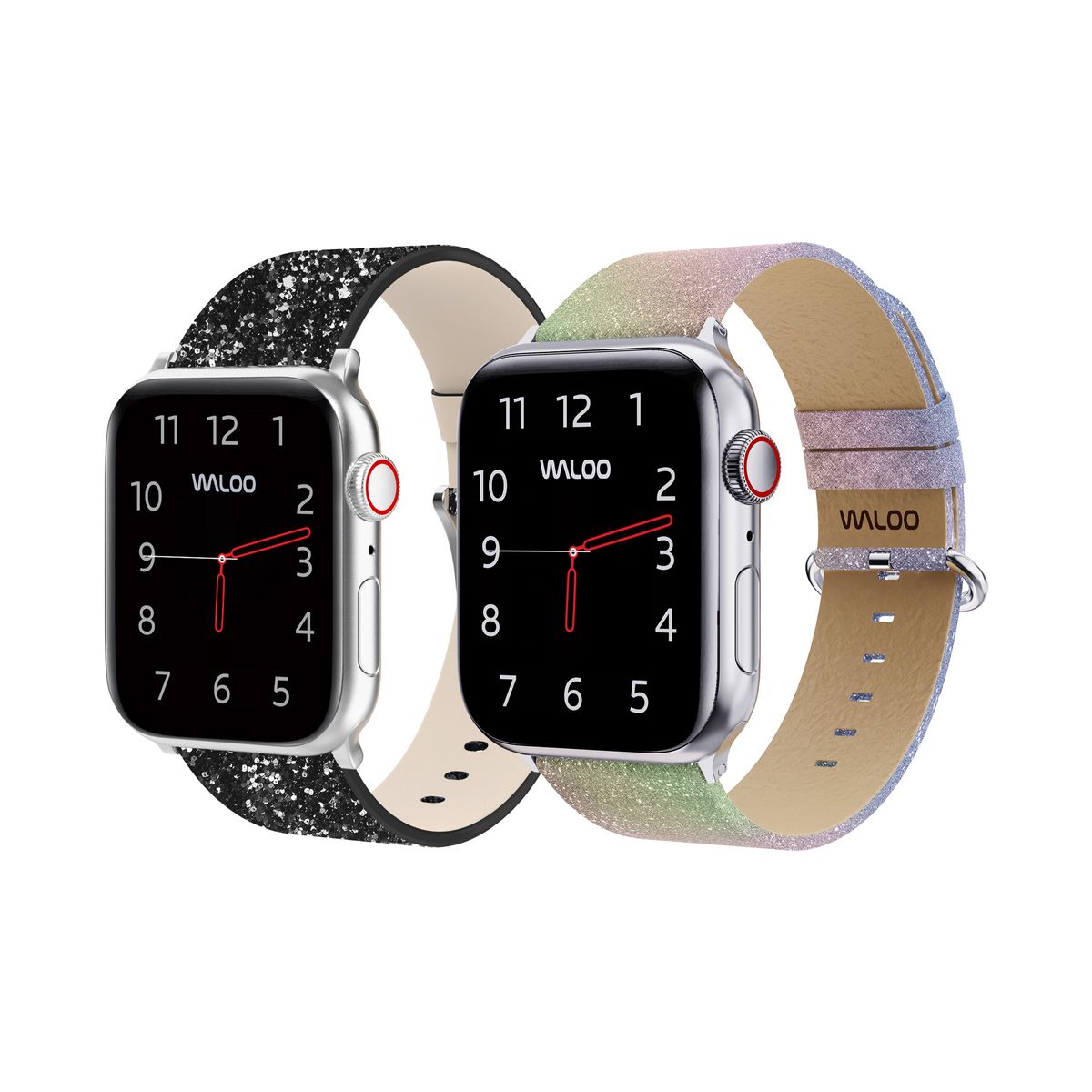 Waloo® Leather Bling & Shiny Brilliance Bands for Apple Watch (2-Pack) - 42/44/45/49mm / Black Bling + Rainbow Brilliance