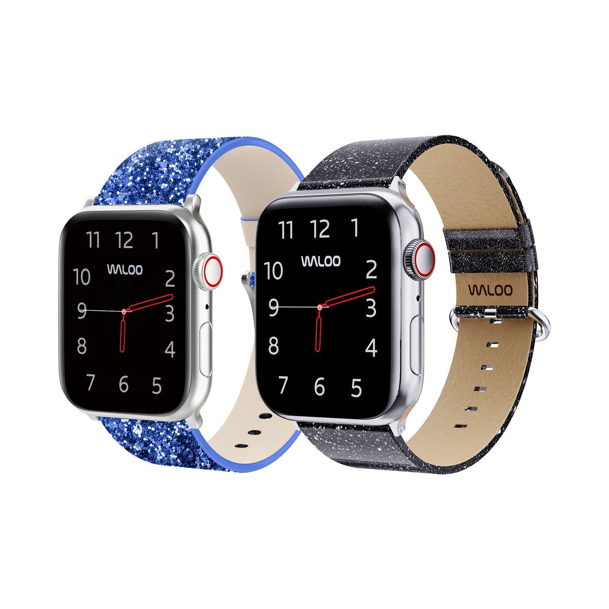 Waloo&reg; Leather Bling & Shiny Brilliance Bands for Apple Watch (2-Pack) - 42/44/45/49mm / Blue Bling + Black Brilliance