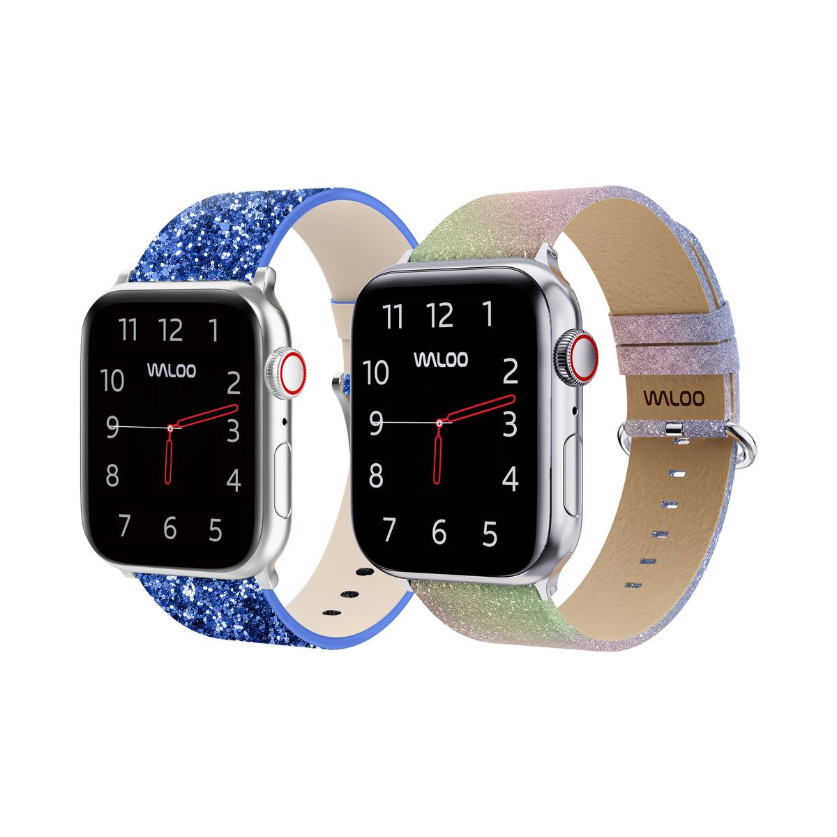 Waloo&reg; Leather Bling & Shiny Brilliance Bands for Apple Watch (2-Pack) - 42/44/45/49mm / Blue Bling + Rainbow Brilliance