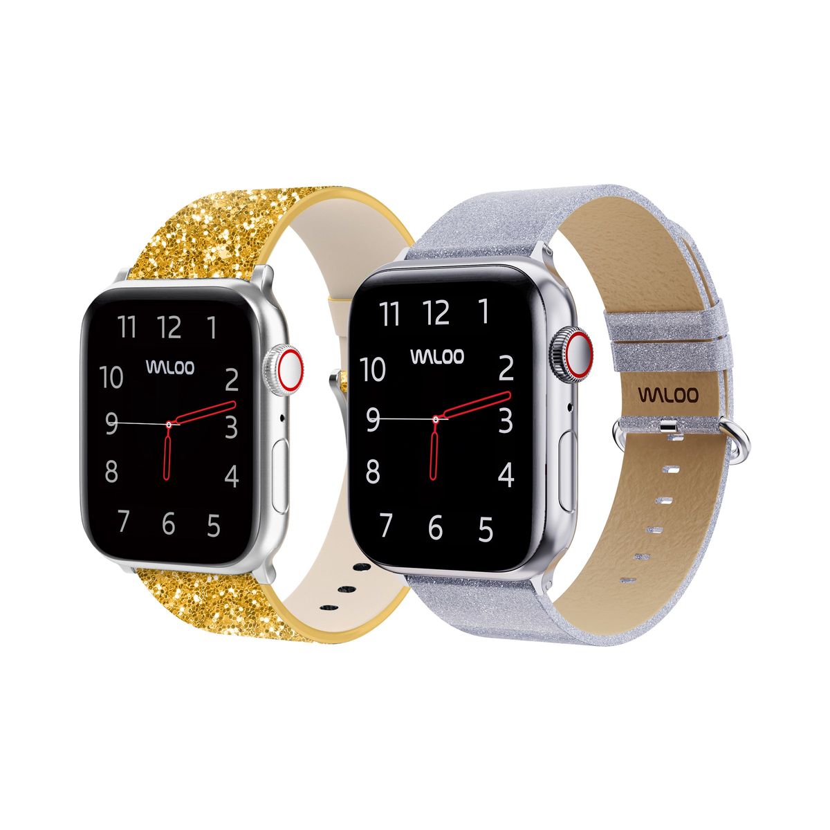 Waloo&reg; Leather Bling & Shiny Brilliance Bands for Apple Watch (2-Pack) - 42/44/45/49mm / Gold Bling + Silver Brilliance