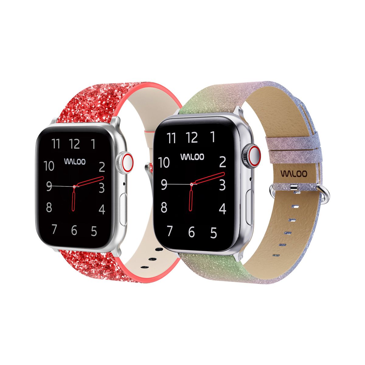 Waloo&reg; Leather Bling & Shiny Brilliance Bands for Apple Watch (2-Pack) - 42/44/45/49mm / Red Bling + Rainbow Brilliance