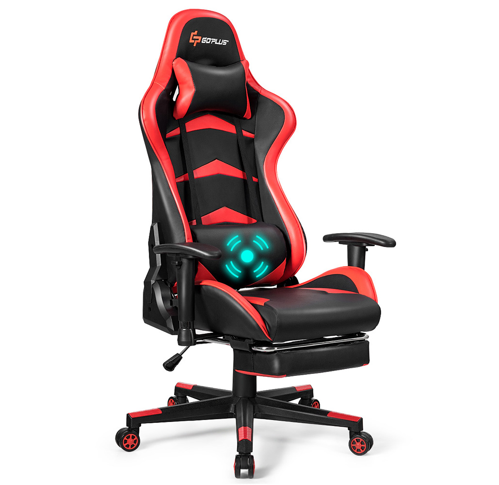 Reclining Massage Gaming Chair with Footrest - Red
