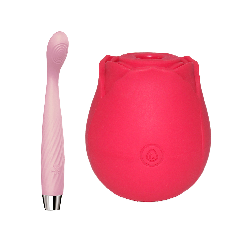 10-Mode G-Spot Curved Clitoral Stimulator & Rose Suction Toy Combo Set - G-Spot Vibrator Plus Pink Rose Suction