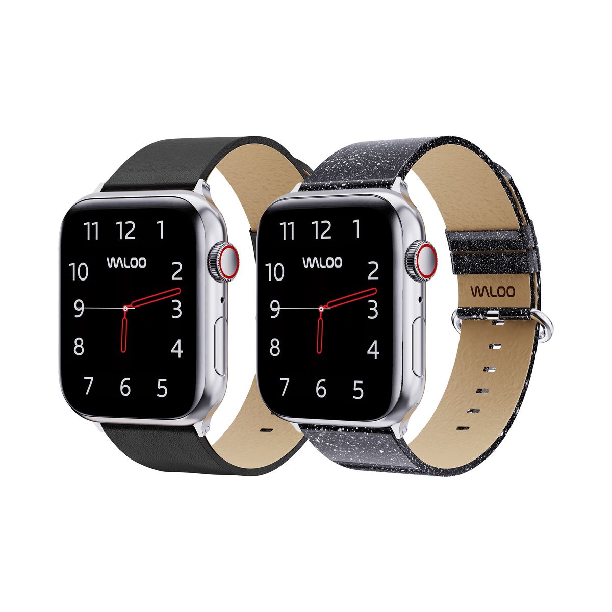 Waloo&reg; Leather Grain & Shiny Brilliance Bands for Apple Watch (2-Pack) - 42/44/45/49mm / Black Leather Grain + Black Brilliance