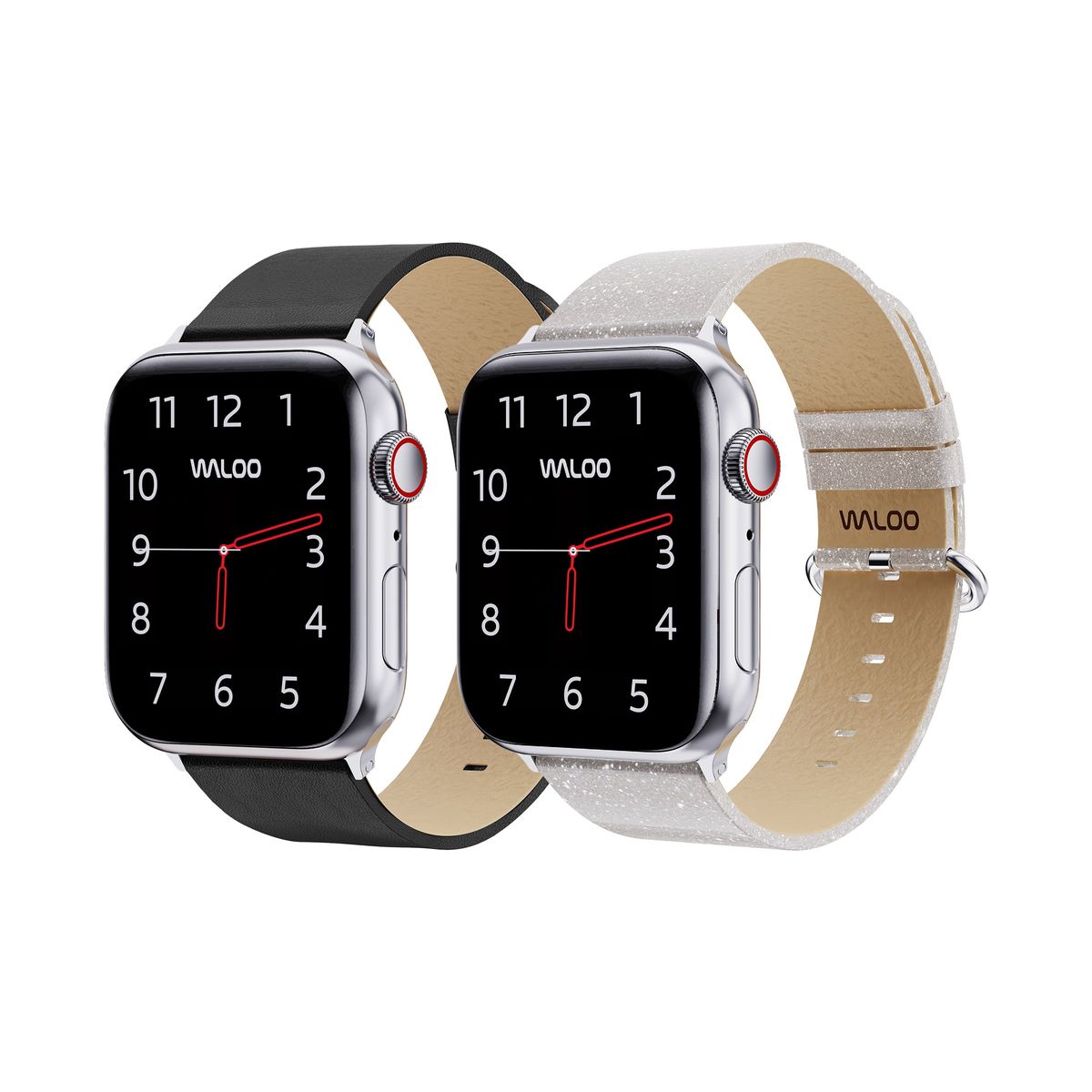 Waloo&reg; Leather Grain & Shiny Brilliance Bands for Apple Watch (2-Pack) - 42/44/45/49mm / Black Leather Grain + White Brilliance