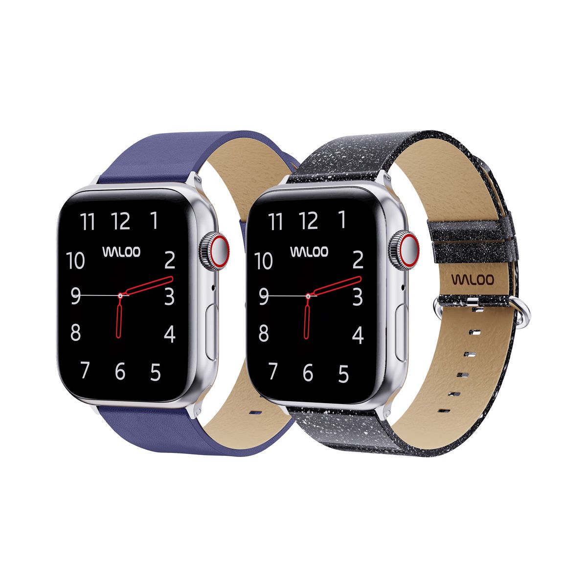 Waloo® Leather Grain & Shiny Brilliance Bands for Apple Watch (2-Pack) - 42/44/45/49mm / Blue Leather Grain + Black Brilliance