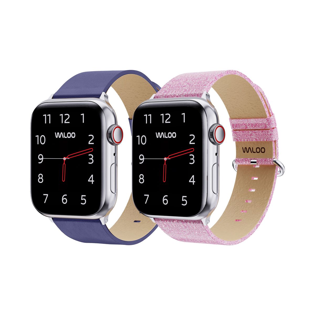 Waloo® Leather Grain & Shiny Brilliance Bands for Apple Watch (2-Pack) - 42/44/45/49mm / Blue Leather Grain + Pink Brilliance