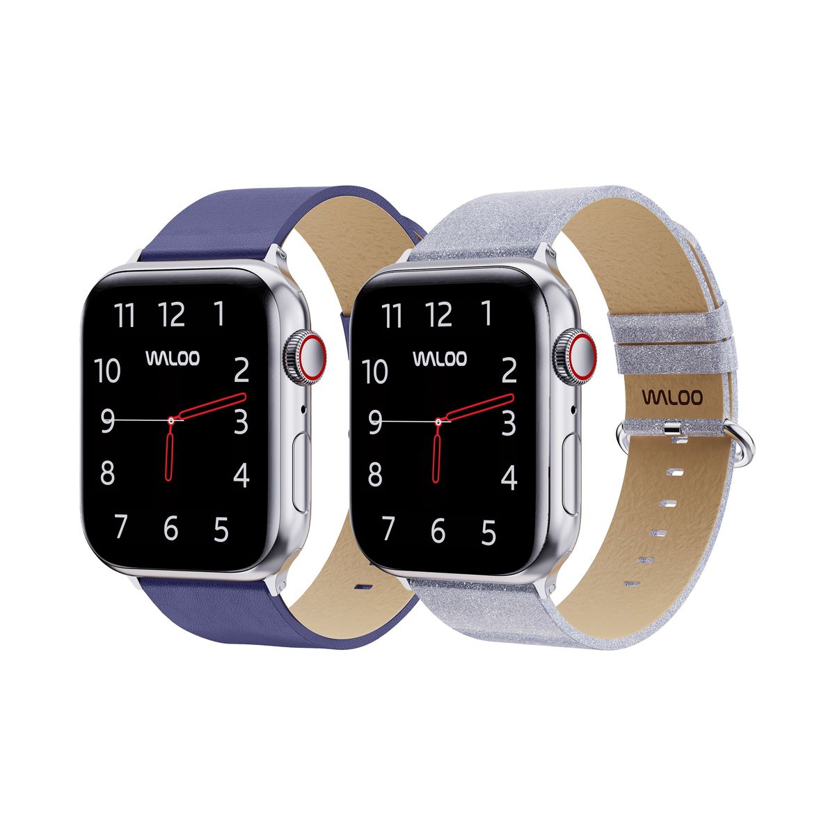 Waloo&reg; Leather Grain & Shiny Brilliance Bands for Apple Watch (2-Pack) - 42/44/45/49mm / Blue Leather Grain + Silver Brilliance