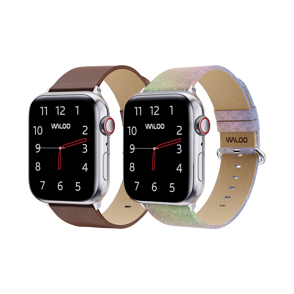 Waloo® Leather Grain & Shiny Brilliance Bands for Apple Watch (2-Pack) - 42/44/45/49mm / Brown Leather Grain + Rainbow Brilliance