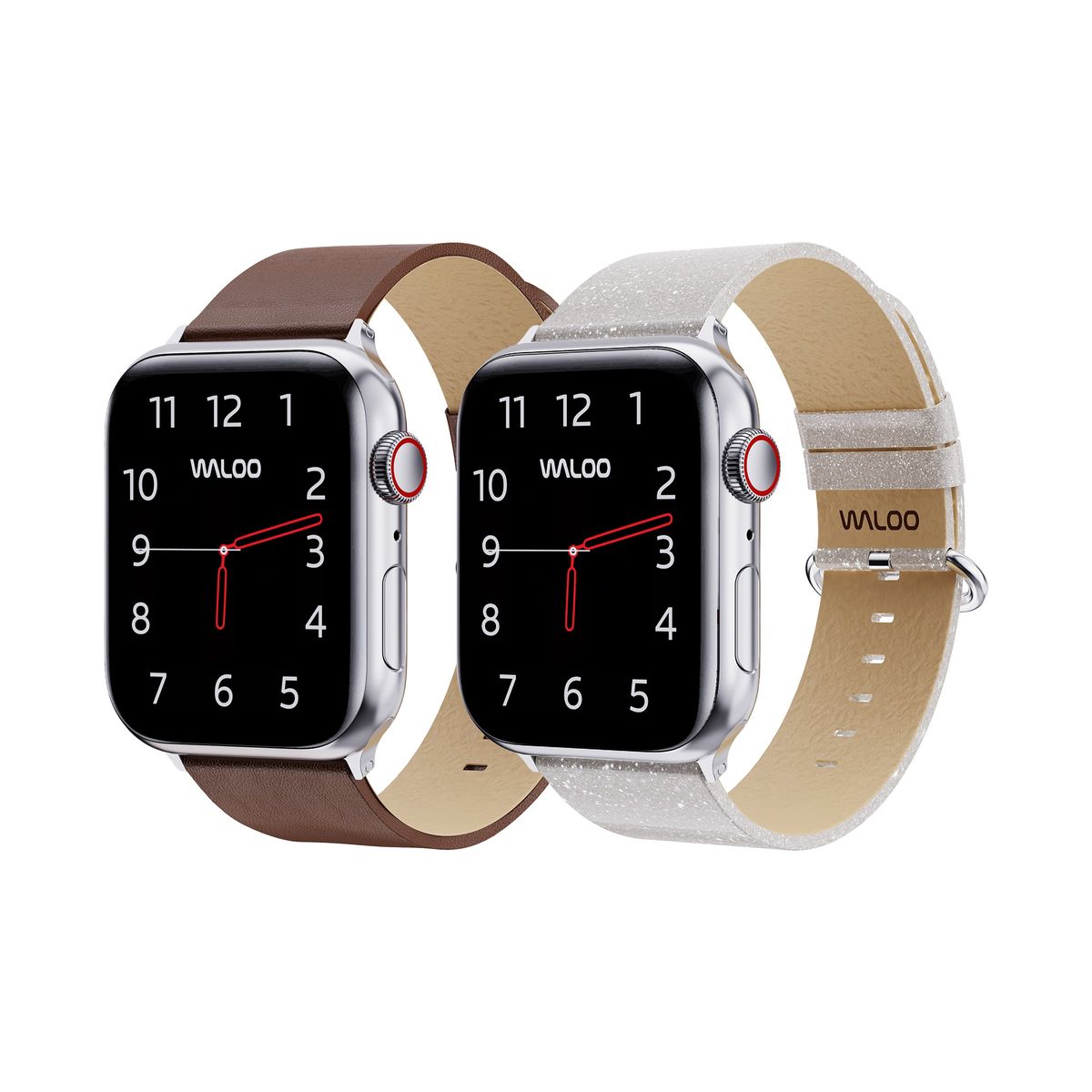 Waloo&reg; Leather Grain & Shiny Brilliance Bands for Apple Watch (2-Pack) - 42/44/45/49mm / Brown Leather Grain + White Brilliance