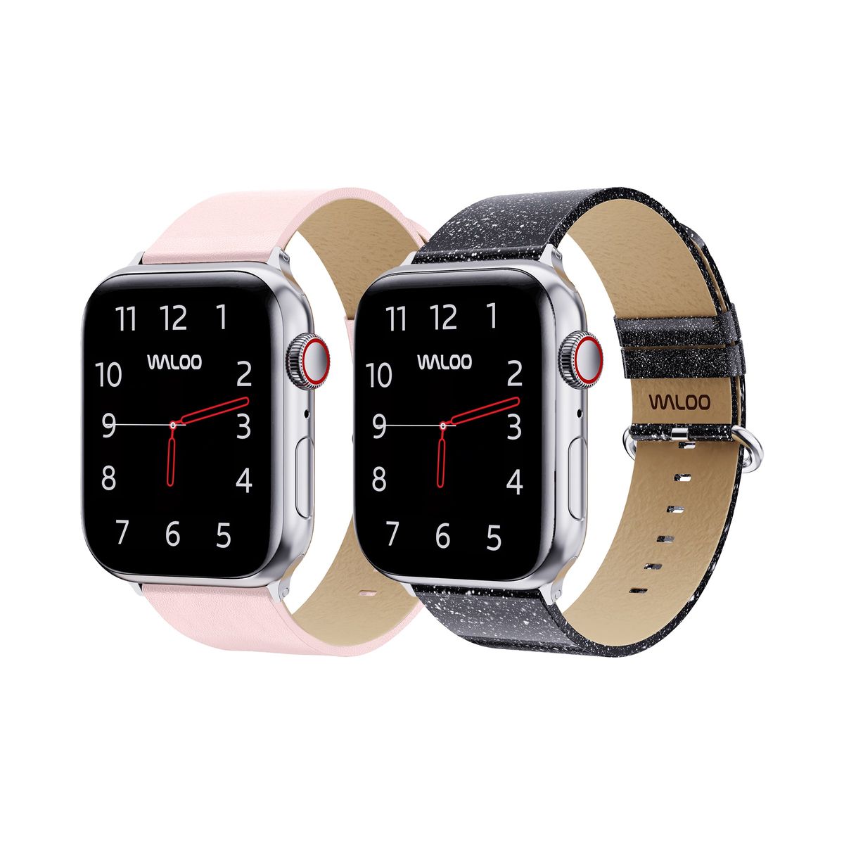 Waloo&reg; Leather Grain & Shiny Brilliance Bands for Apple Watch (2-Pack) - 42/44/45/49mm / Pink Leather Grain + Black Brilliance