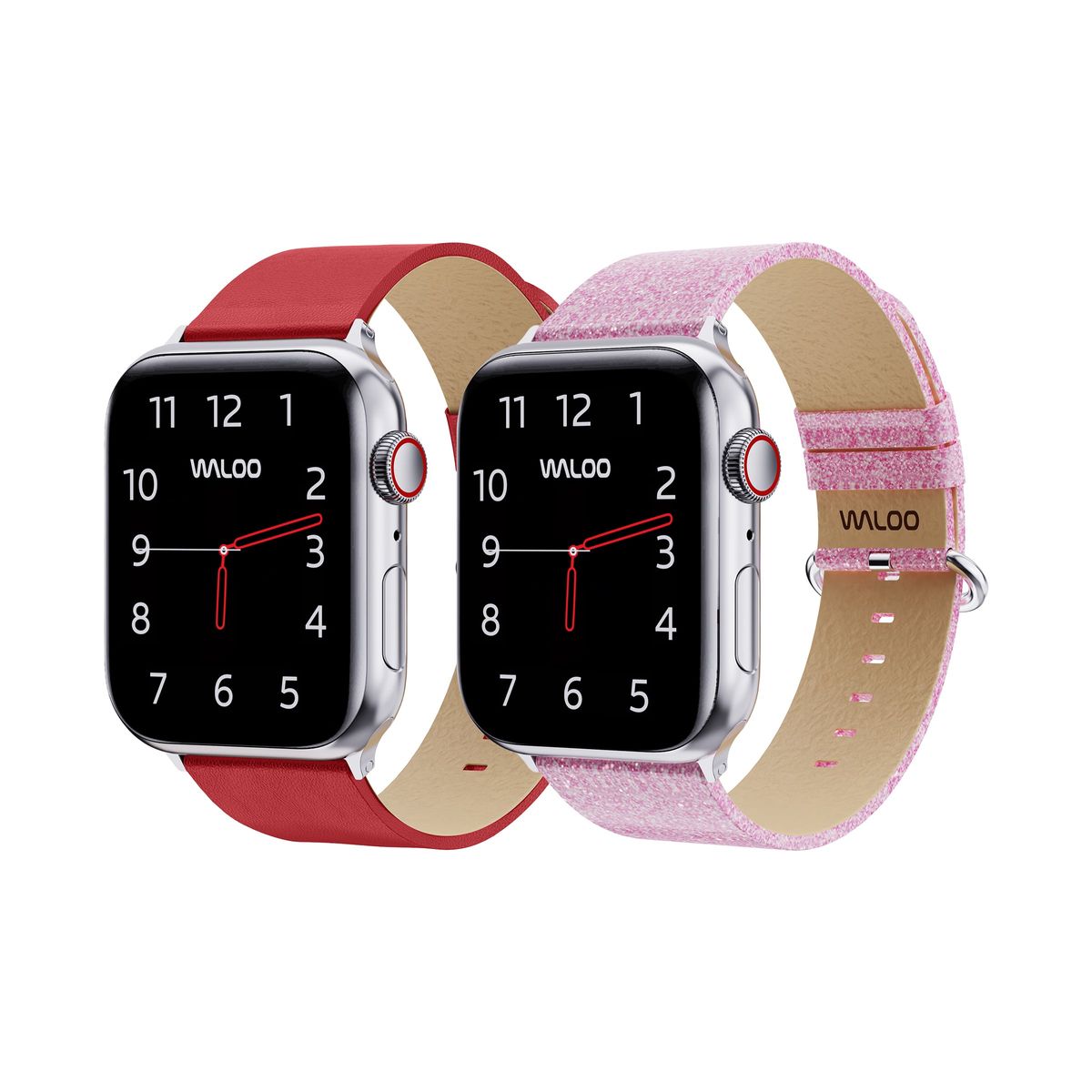 Waloo&reg; Leather Grain & Shiny Brilliance Bands for Apple Watch (2-Pack) - 42/44/45/49mm / Red Leather Grain + Pink Brilliance
