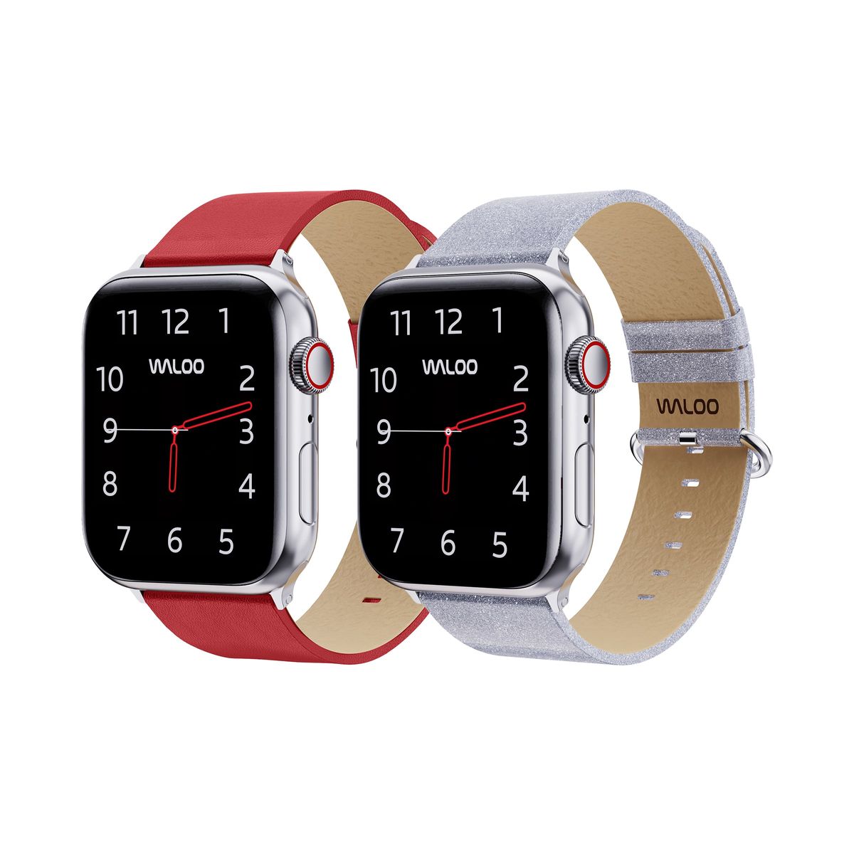 Waloo&reg; Leather Grain & Shiny Brilliance Bands for Apple Watch (2-Pack) - 42/44/45/49mm / Red Leather Grain + Silver Brilliance