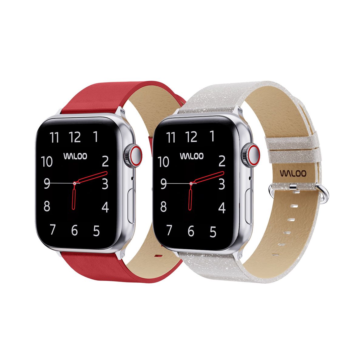 Waloo&reg; Leather Grain & Shiny Brilliance Bands for Apple Watch (2-Pack) - 42/44/45/49mm / Red Leather Grain + White Brilliance