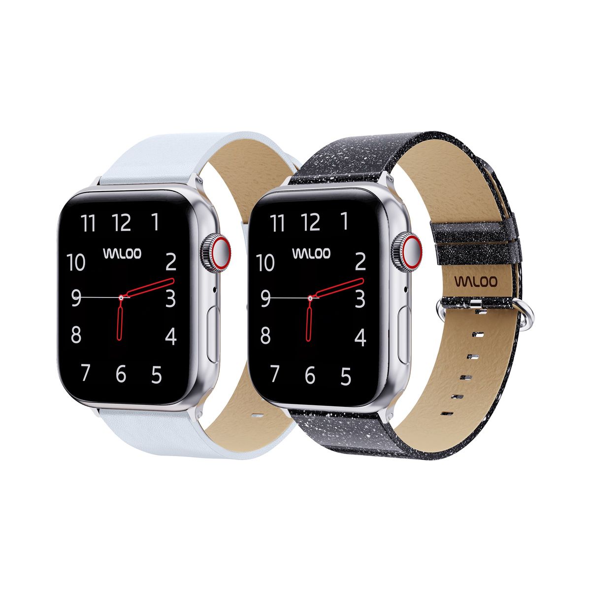 Waloo&reg; Leather Grain & Shiny Brilliance Bands for Apple Watch (2-Pack) - 42/44/45/49mm / White Leather Grain + Black Brilliance