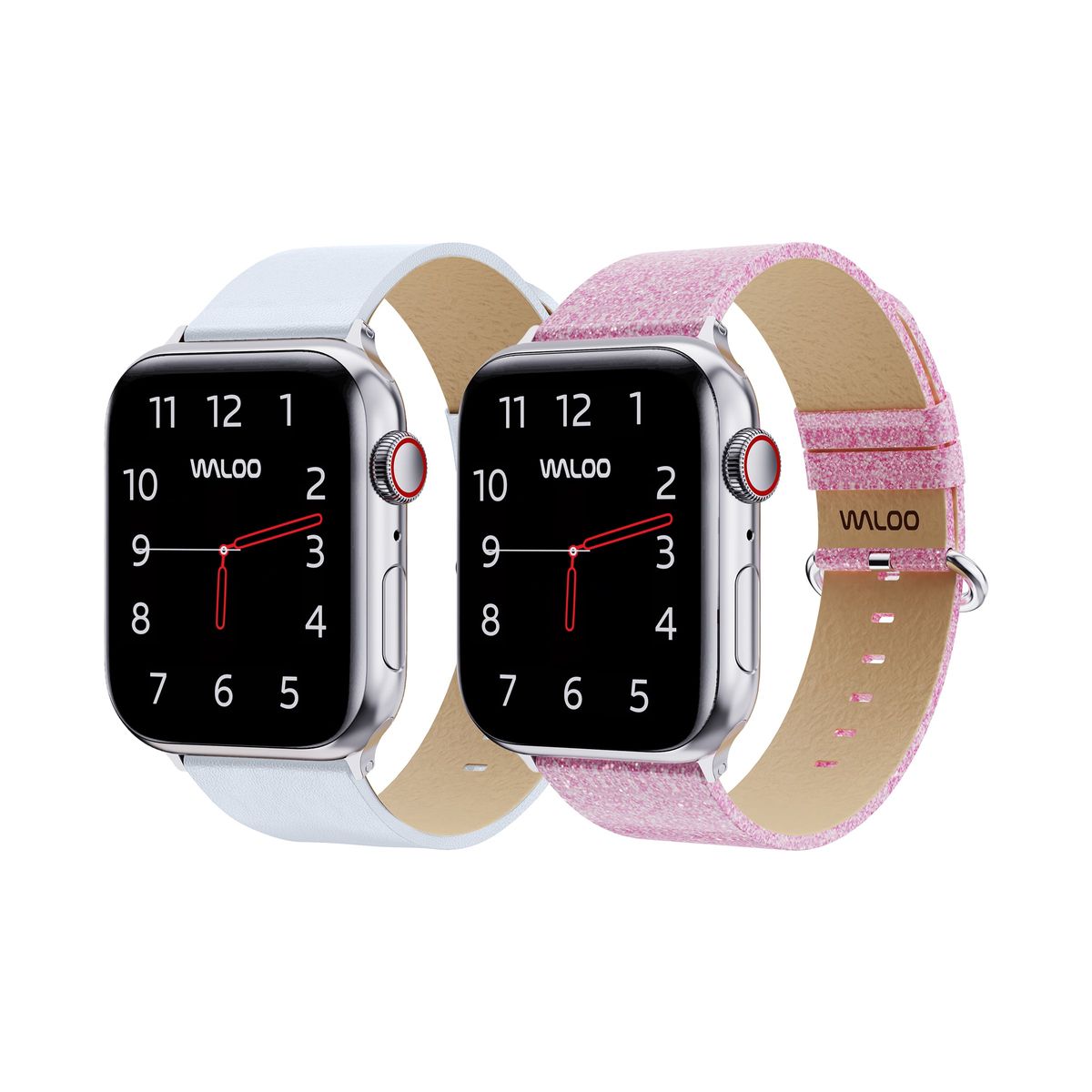Waloo&reg; Leather Grain & Shiny Brilliance Bands for Apple Watch (2-Pack) - 42/44/45/49mm / White Leather Grain + Pink Brilliance