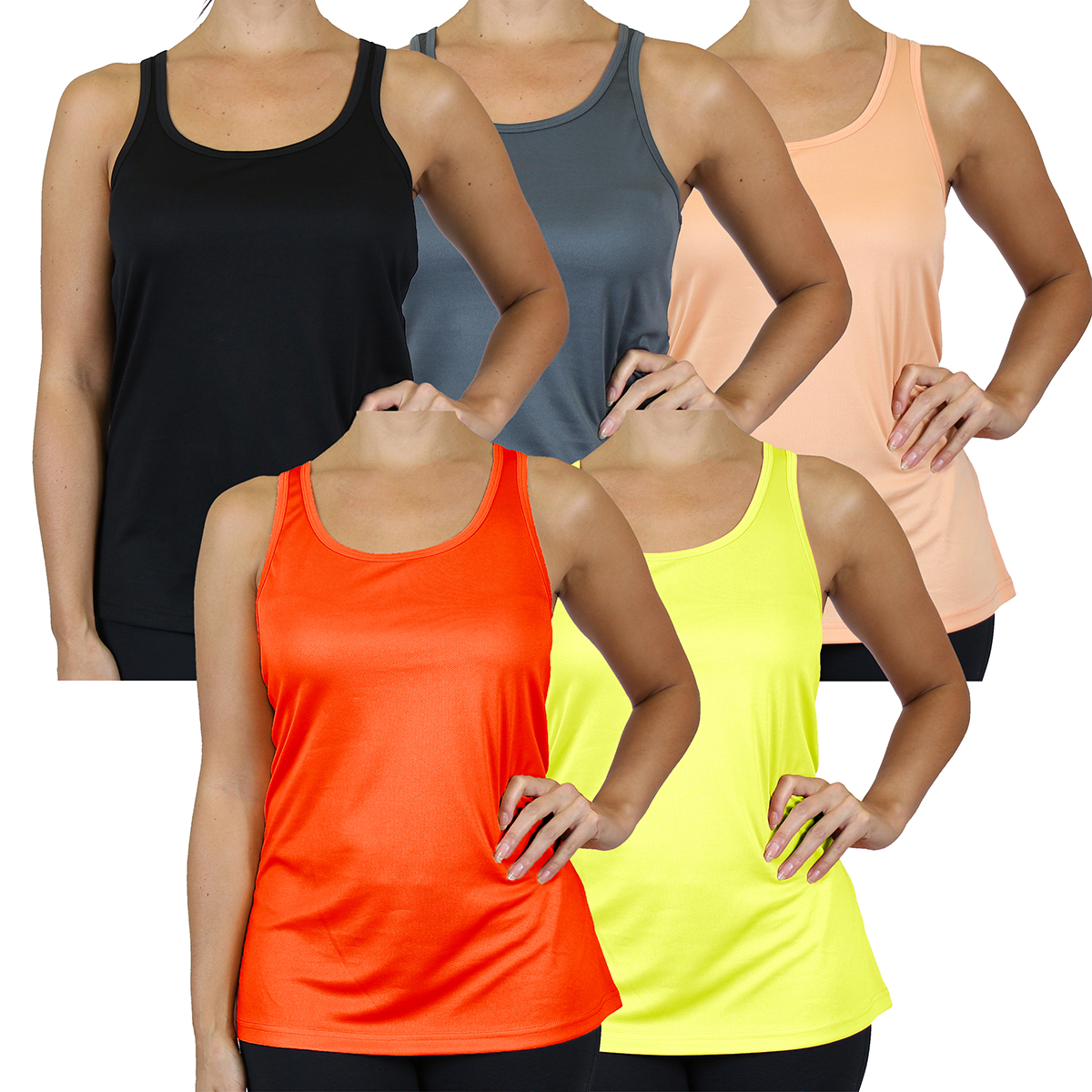 Women's Moisture-Wicking Performance Racerback Tank Top (5-Pack) - LRBT-100 / BK-PC-CH-NG-NO / L
