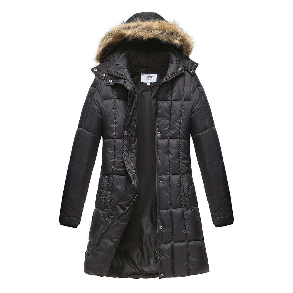 Haute Edition® Women's Mid-Length Puffer Parka Coat with Faux Fur-Lined Hood - Small - Black