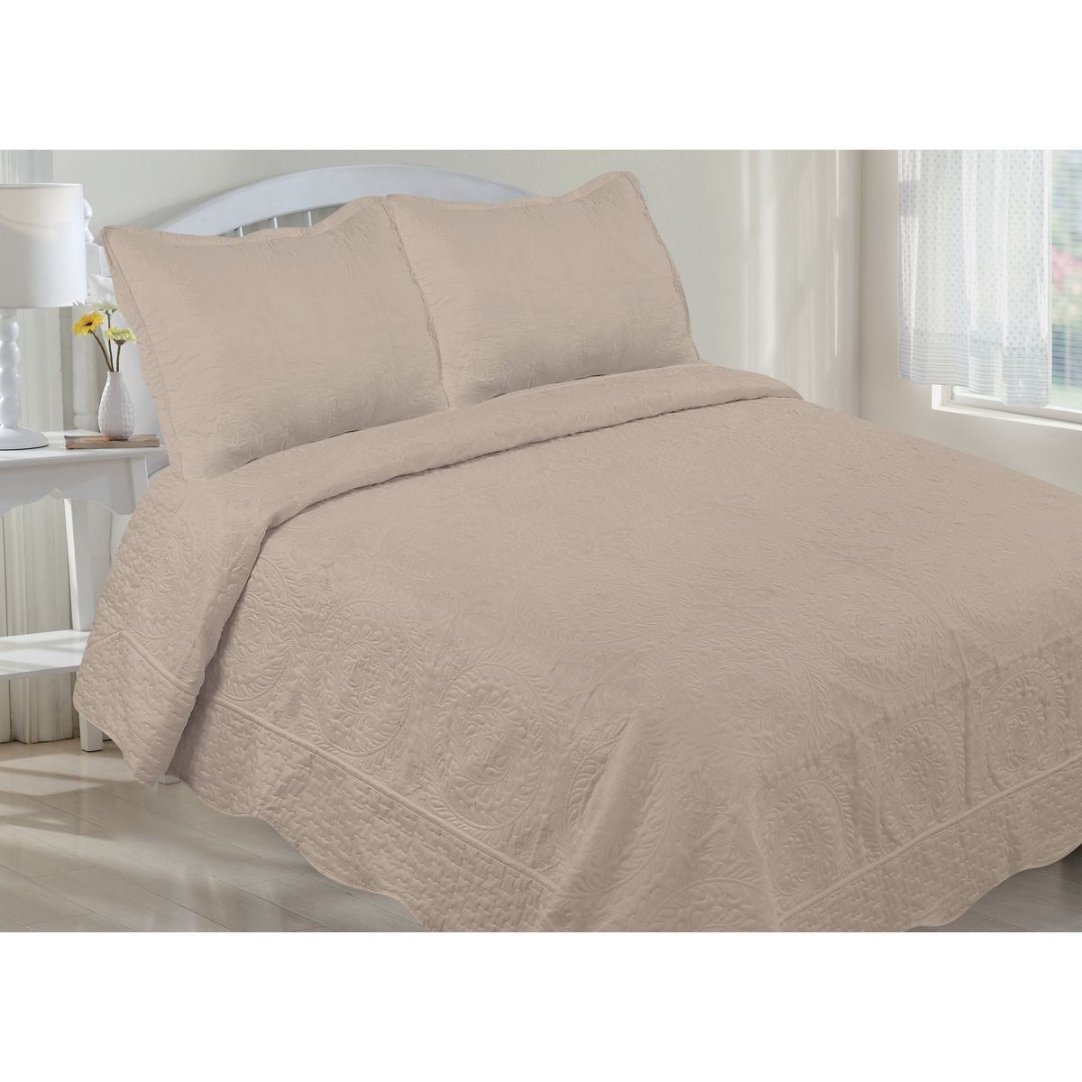 Embroidered Oversized Scalloped Edge Quilt Set - EMBROIDERY QUILT SET KING- KHAKI