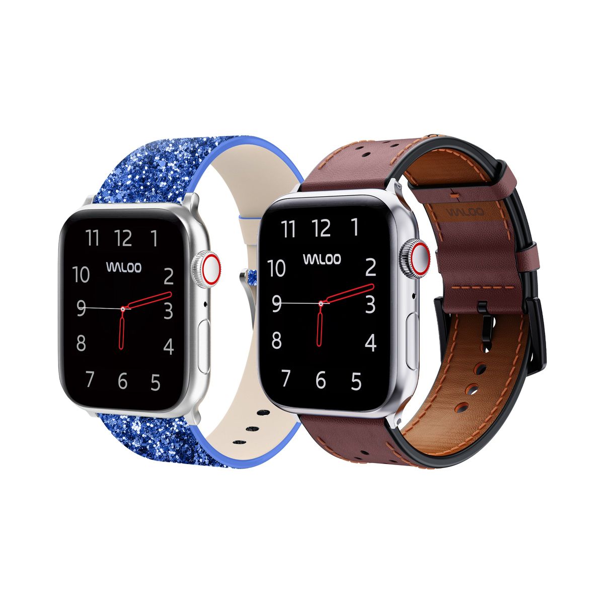 Waloo Bling and Breathable Leather Bands For Apple Watch  (2-Pack)  - 38/40/41mm / Blue Bling + Brown Breathable Leather