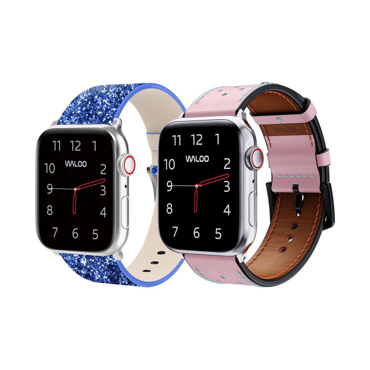 Waloo Bling and Breathable Leather Bands For Apple Watch  (2-Pack)  - 42/44/45/49mm / Blue Bling + Pink Breathable Leather