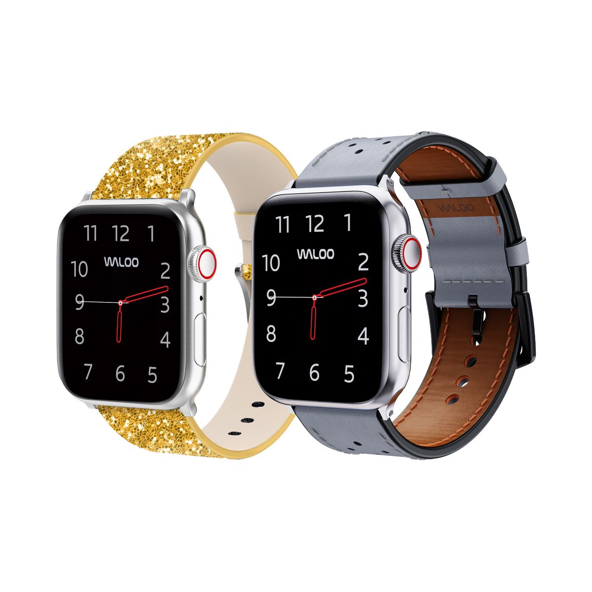 Waloo Bling and Breathable Leather Bands For Apple Watch  (2-Pack)  - 38/40/41mm / Gold Bling + Gray Breathable Leather