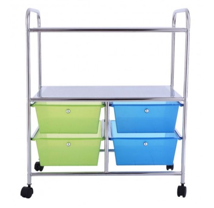 Rolling 4-Drawer 2-Shelf Metal Storage Cart - Blue + Green