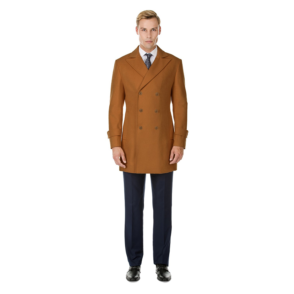 Men's Double- or Single-Breasted Peacoat Wool Blend Dress Jacket - Double-Breast - Caramel - Small