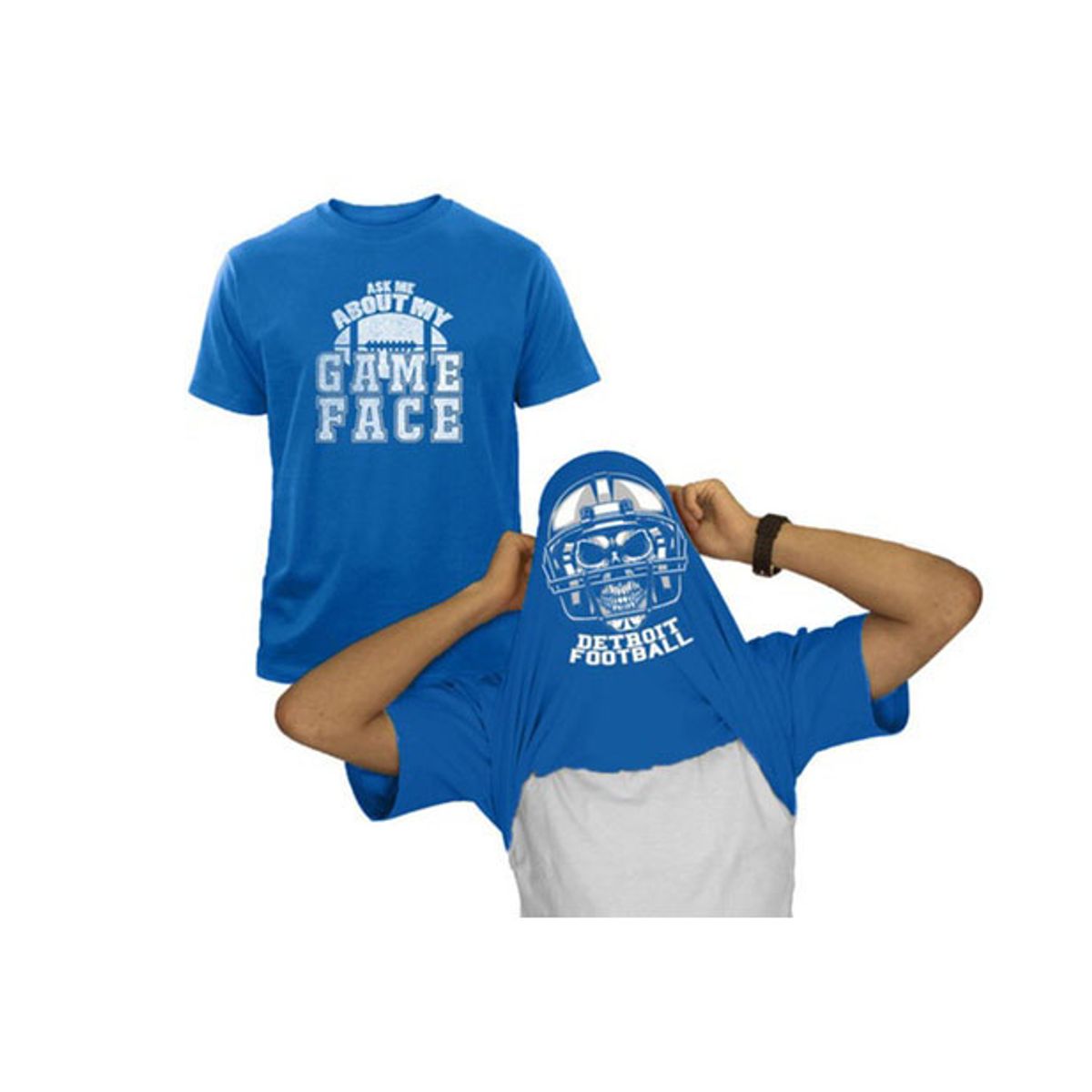 Men's Football Game Face Skull with Helmet Graphic Flip T-Shirt - Detroit / Royal Blue / 2XL