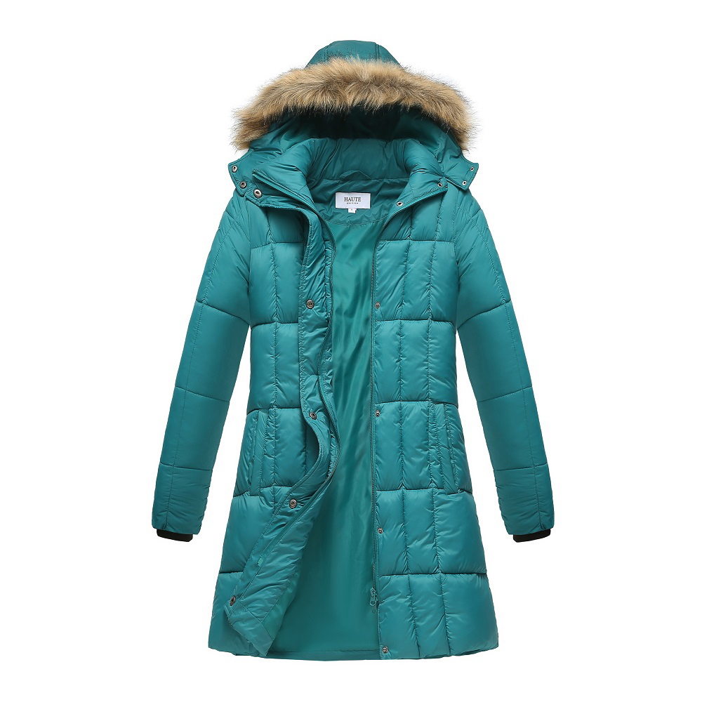 Haute Edition® Women's Mid-Length Puffer Parka Coat with Faux Fur-Lined Hood - Large - Teal
