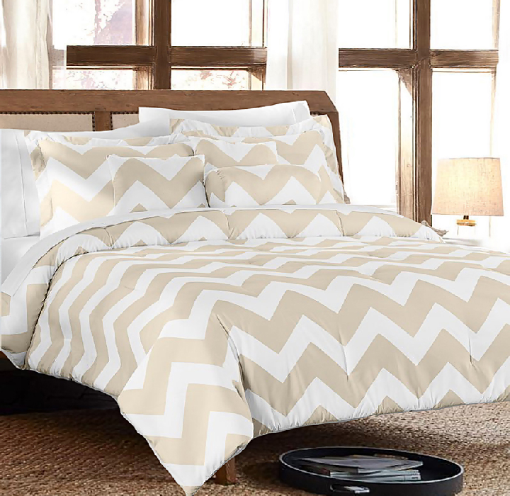 Printed 7-Piece Fashion Comforter Set - Chevron - Queen - Taupe