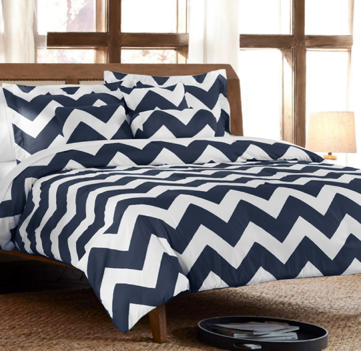 Printed 7-Piece Fashion Comforter Set - Chevron - Queen - Navy